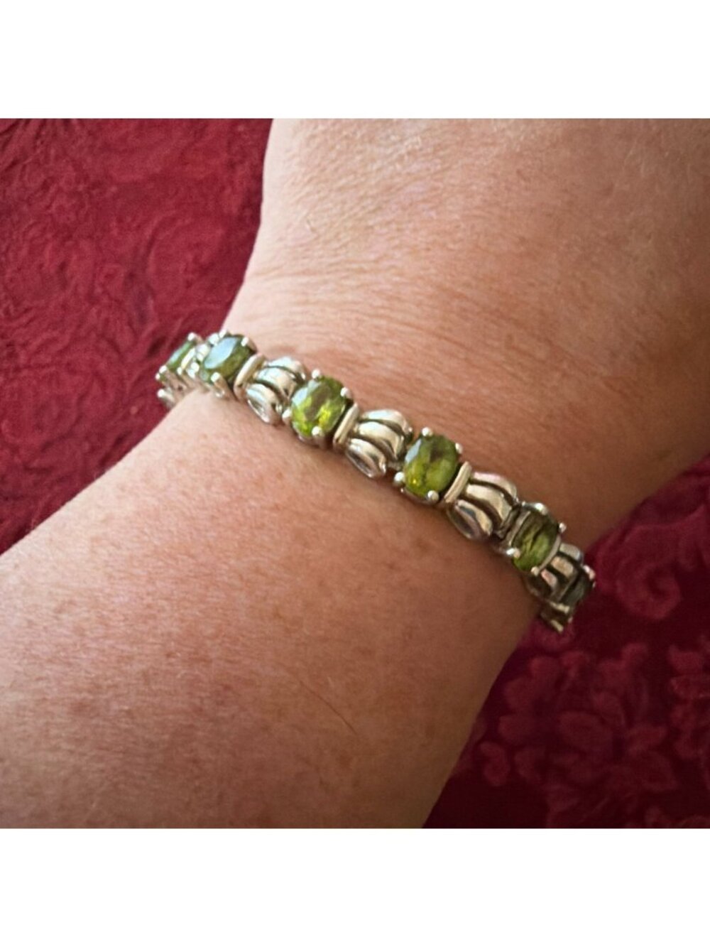 Vintage Sterling Silver 925 Green Peridot Tennis Bracelet Ribbed Link 8" Clasp